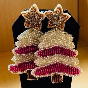 Pink and White Seed Bead Christmas Tree Earrings